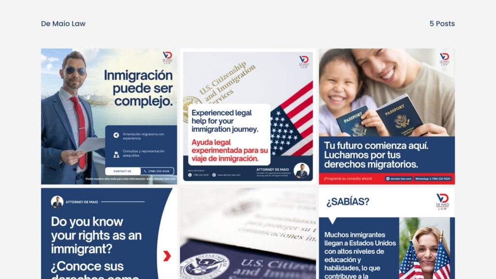 De Maio Law immigration social media feed layout in English and Spanish