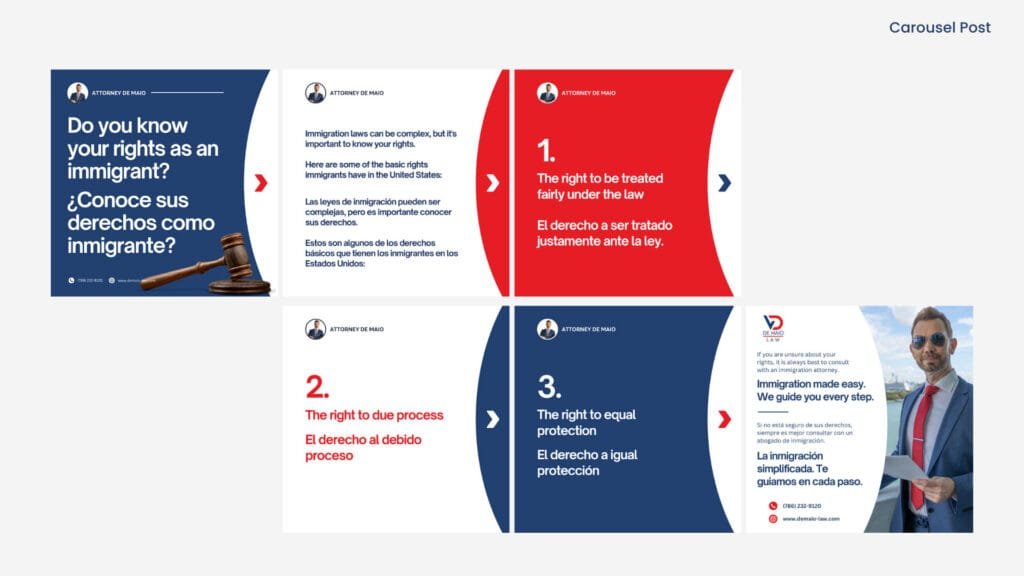 De Maio Law immigration process carousel slides in English and Spanish
