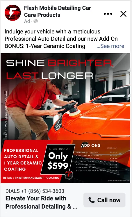Flash Mobile Detailing Facebook ad: orange car, Only $599 detail and ceramic coating