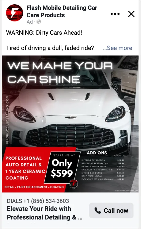 Flash Mobile Detailing Facebook ad: white car, same $599 offer