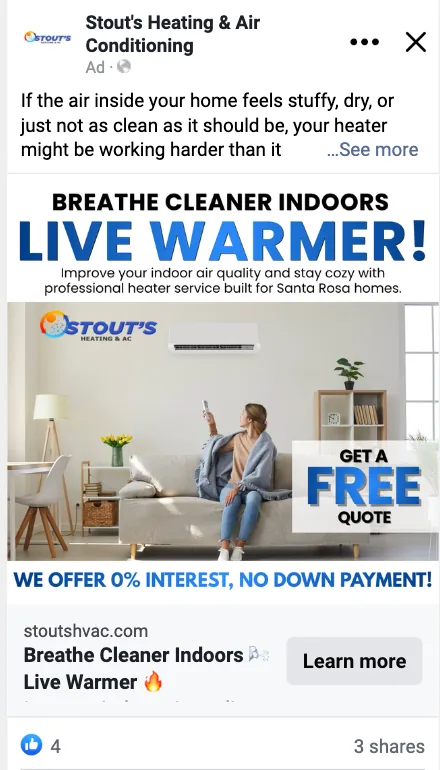 Stout's Heating and Air Facebook ad: Live Warmer, get a free quote